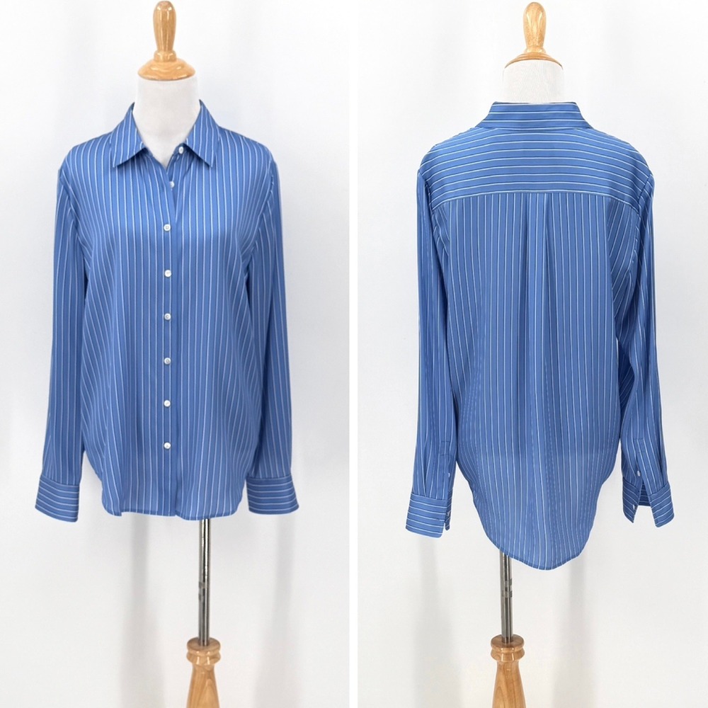 QUINCE Washable Stretch Silk Blouse Women Medium Blue Striped Lapis Horizon - Picture 4 of 16